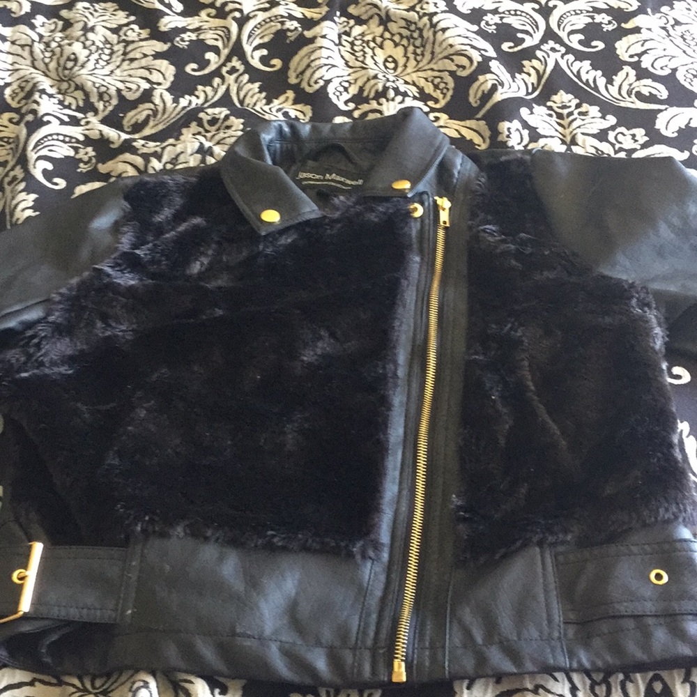 Crop faux leather and fur jacket with gold-large